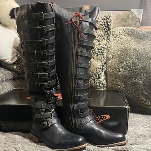 Freebird Black Over the Knee Boots with Buckle Details